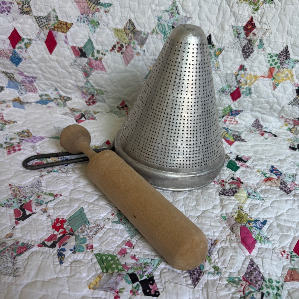Vintage VIKO Aluminum Cone Strainer Chinois with Wooden Pestle Made in USA MCM